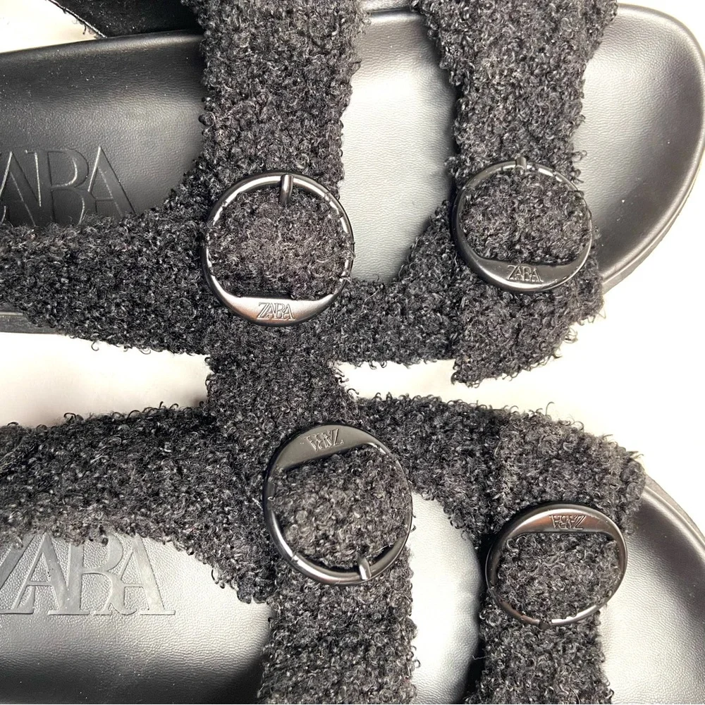 ZARA Black Faux Sherpa Fleece Double Buckle Sandal